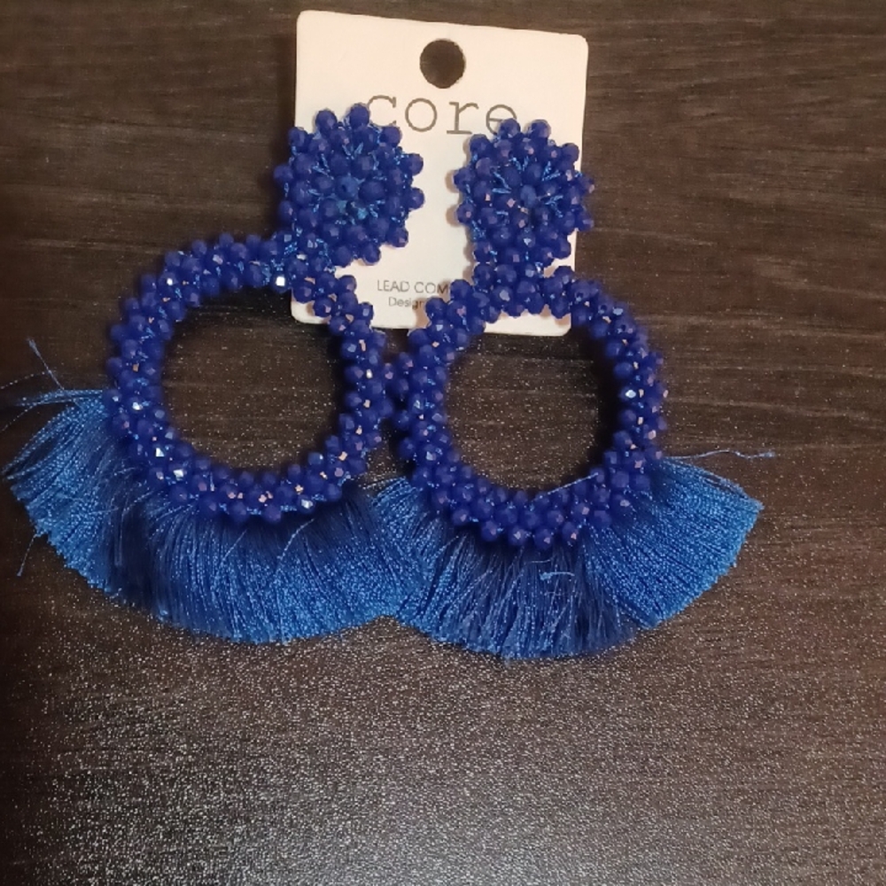New Royal Blue Beaded Hoop Earrings